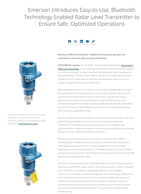 Bluetooth Technology Enabling Radar Level Transmitter
