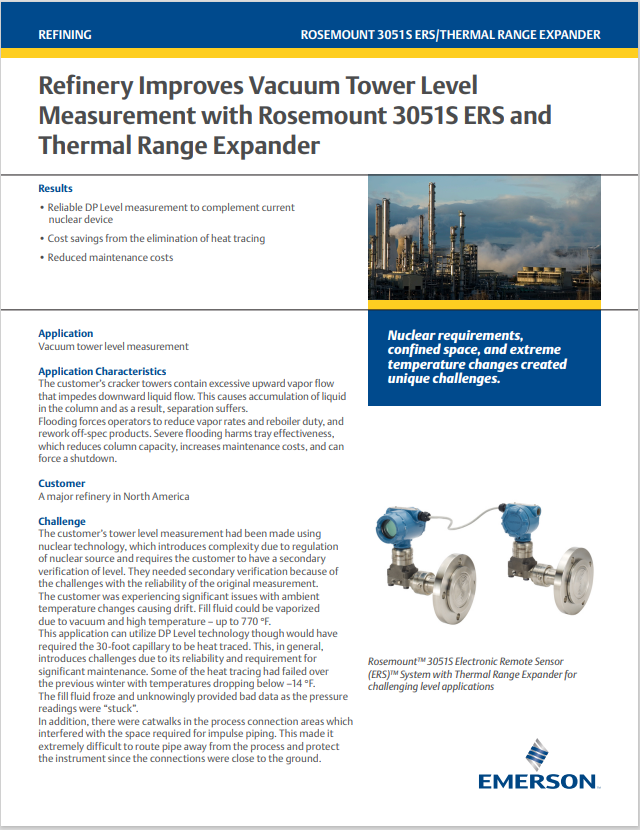 Refinery Improves Vacuum Tower Level  Measurement with Rosemount 3051S ERS and Thermal Range Expander